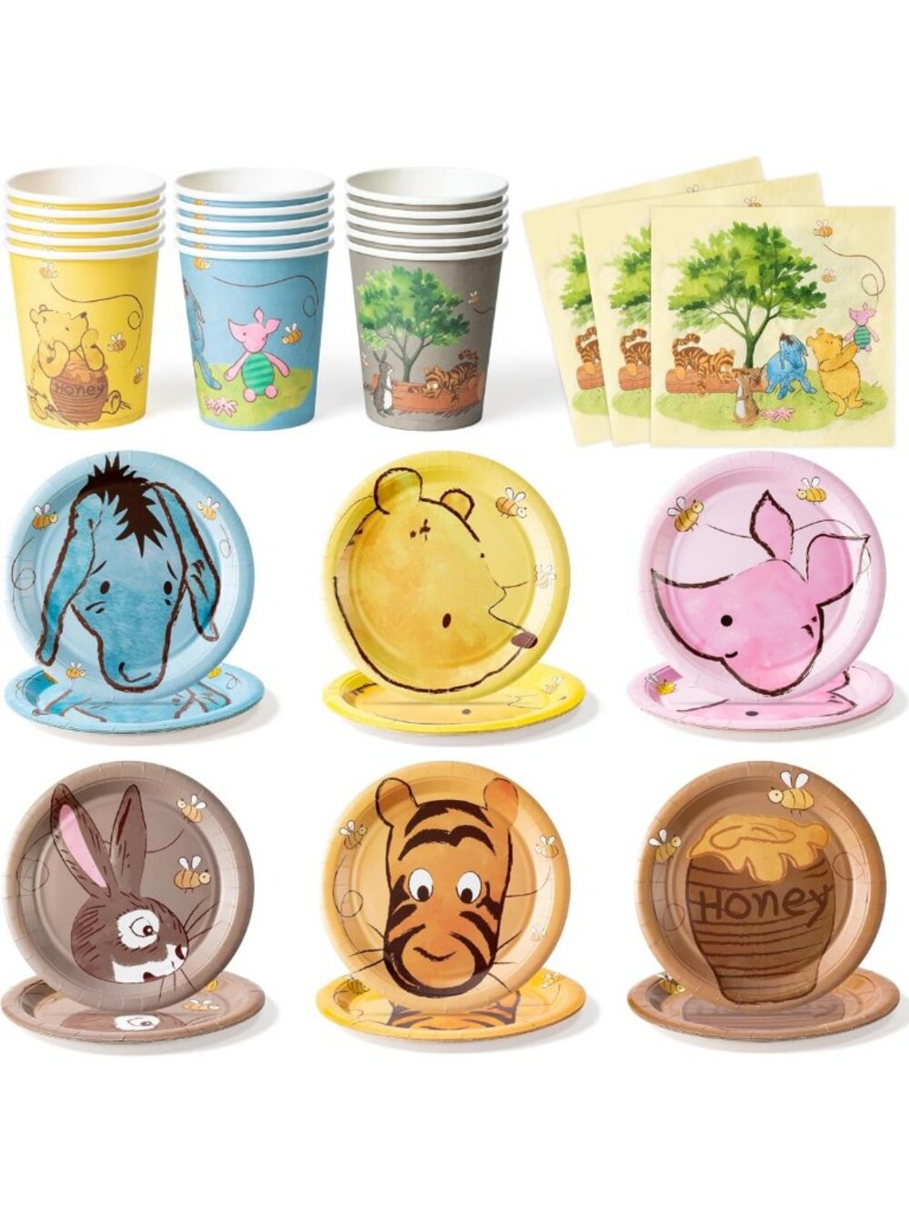 Winnie Themed Party Supplies - 90PCS Plates, Napkins & Cups for 30 Guests